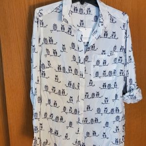Beach Lunch Lounge Top 2X White Owl Collar Button Down Long Sleeve New with tags